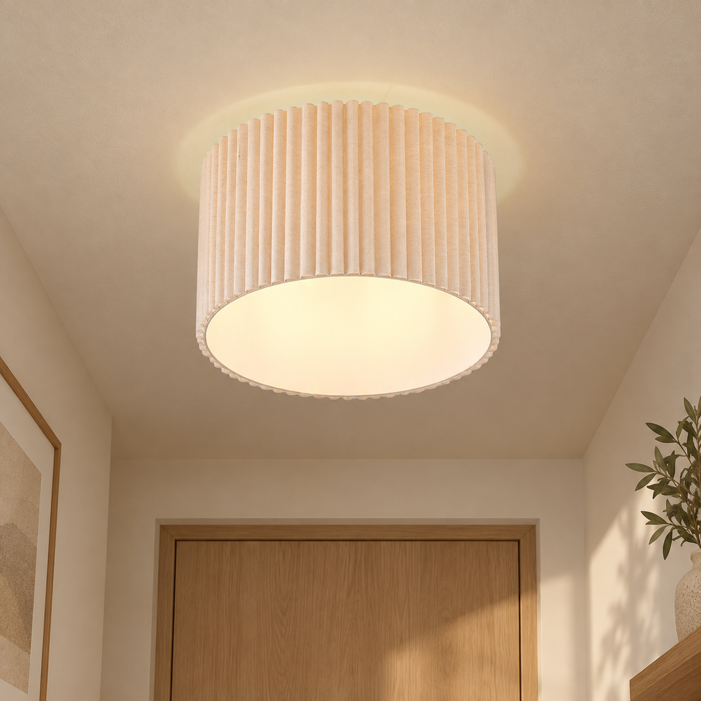 Plafonnier Lindby Libbie, Ø 45 cm, lin, couleur crème — crème — mise en scène générée 5