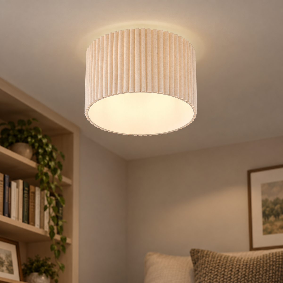 Plafonnier Lindby Libbie, Ø 45 cm, lin, couleur crème — crème — mise en scène générée 2