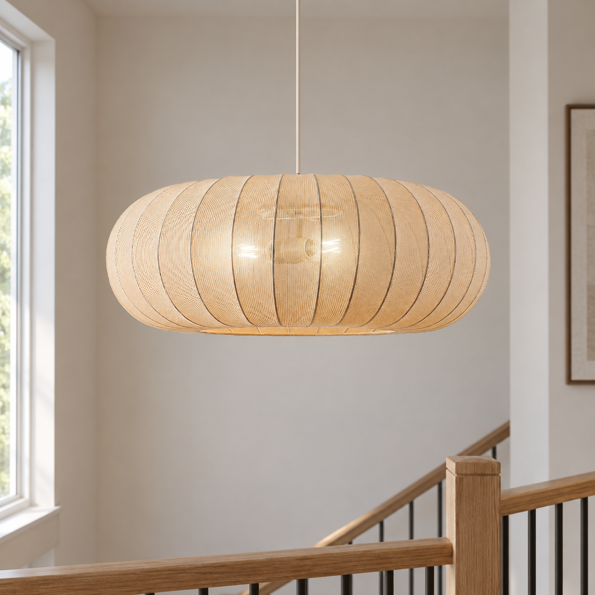 Suspension Lindby Helin, beige, Ø 70 cm, textile, 3 x E27 — beige — mise en scène générée 4