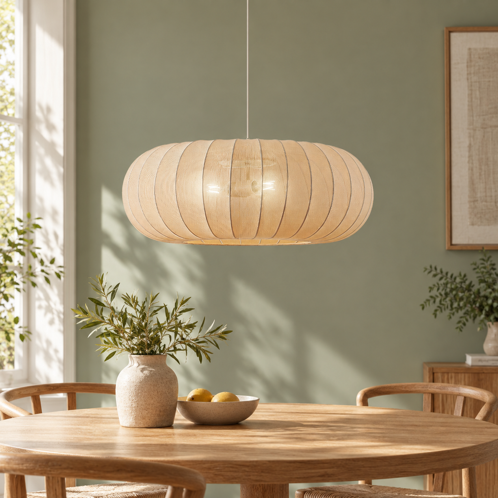 Suspension Lindby Helin, beige, Ø 70 cm, textile, 3 x E27 — beige — mise en scène générée 1