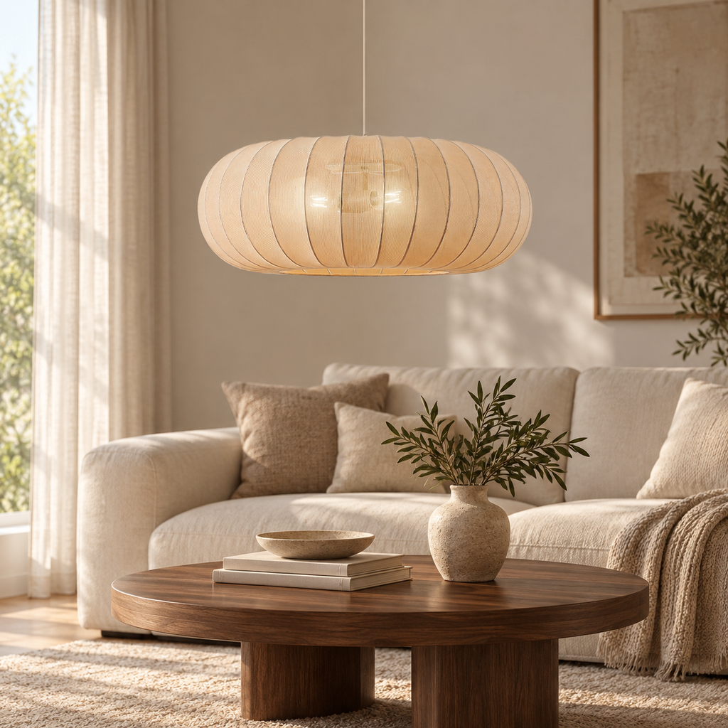 Suspension Lindby Helin, beige, Ø 70 cm, textile, 3 x E27 — beige — mise en scène générée 2