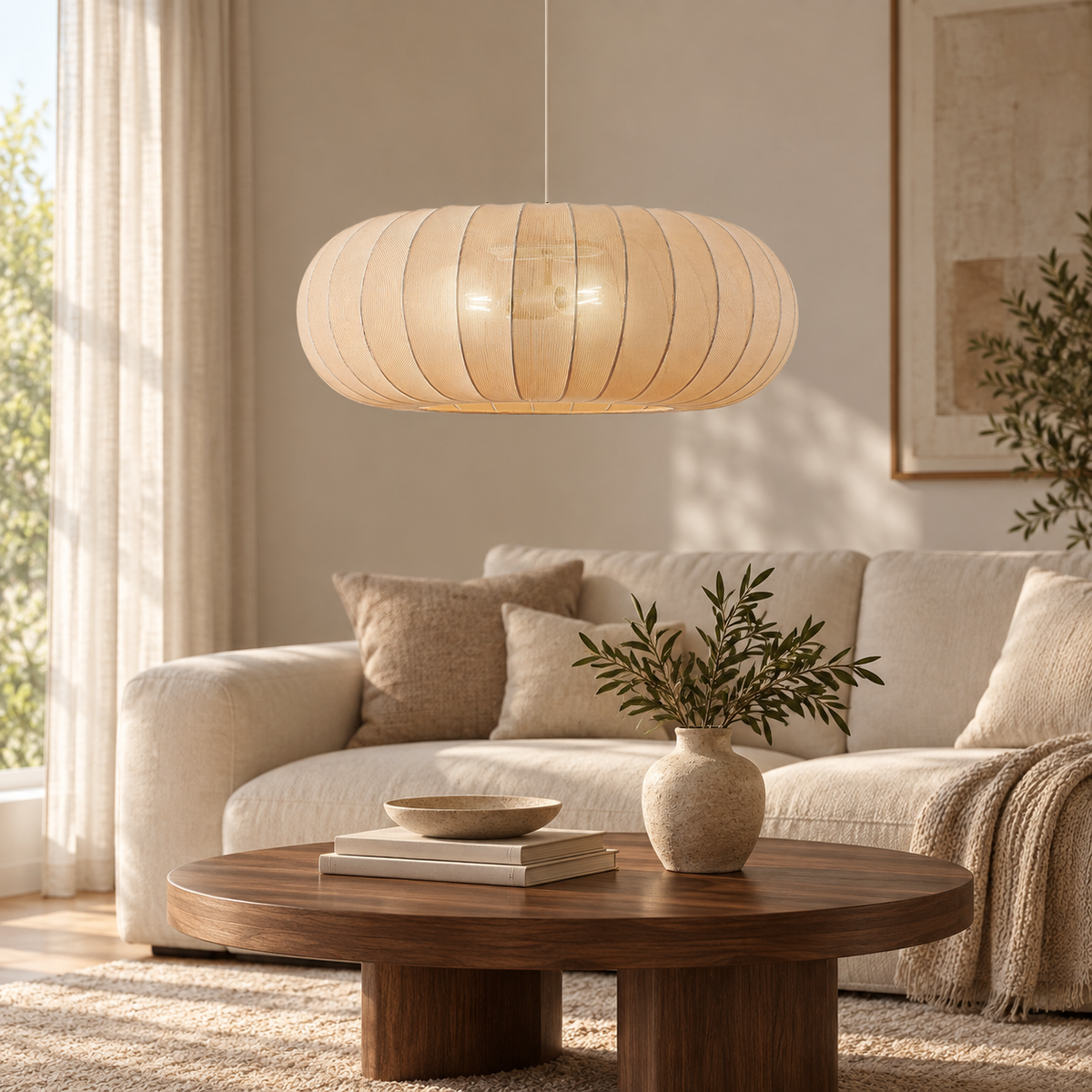 Suspension Lindby Helin, beige, Ø 70 cm, textile, 3 x E27 — beige — mise en scène générée 2