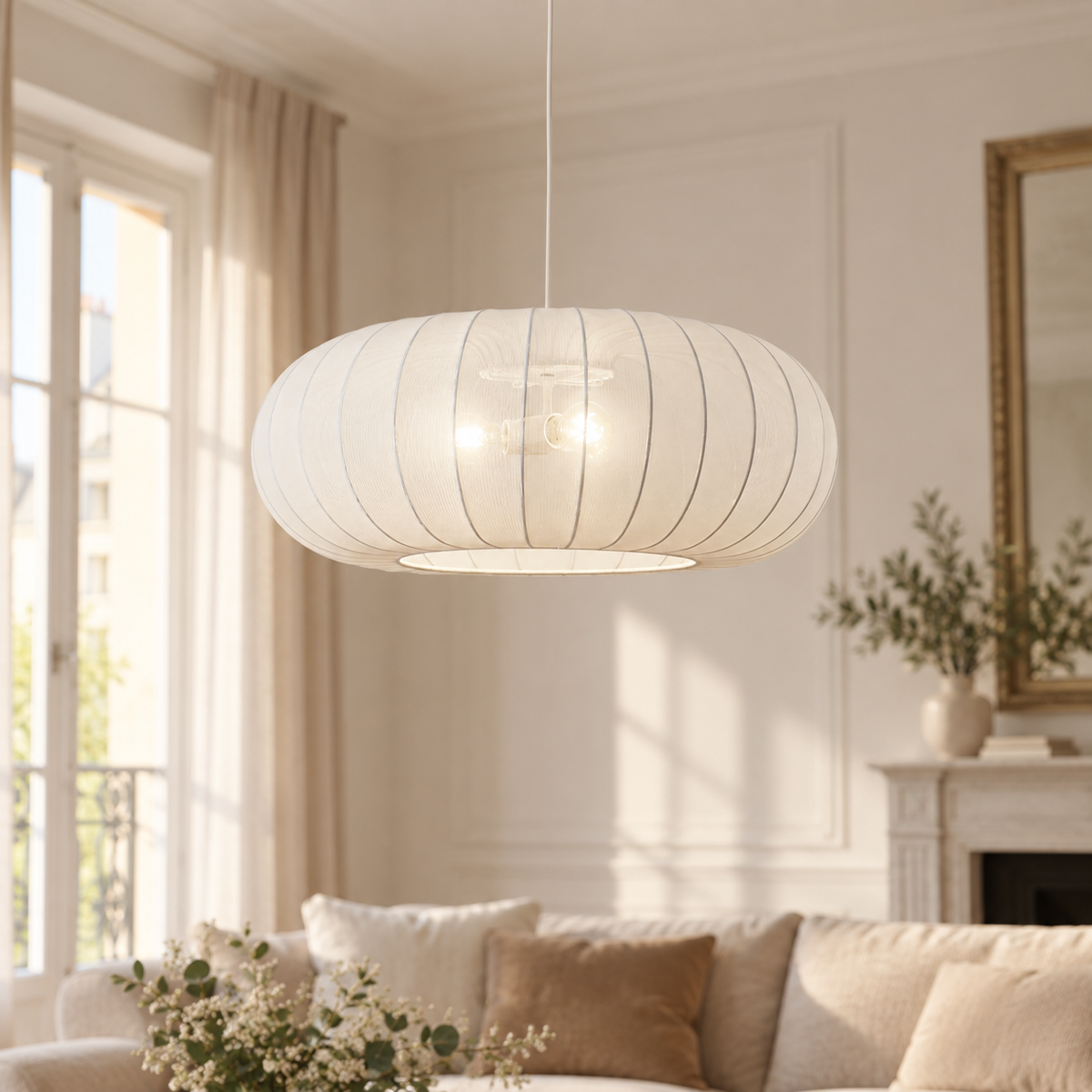 Suspension Lindby Helin, blanche, Ø 70 cm, textile, 3 x E27 — mise en scène générée 2