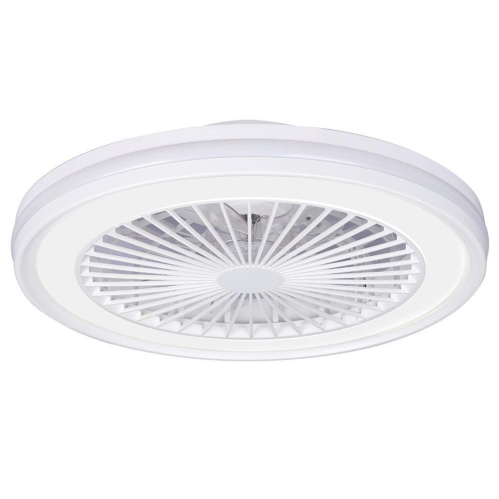Alizé — Ventilateur de plafond blanc compact, vu par dessous, sur fond blanc.