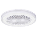 Alizé — Ventilateur de plafond blanc compact, vu par dessous, sur fond blanc.