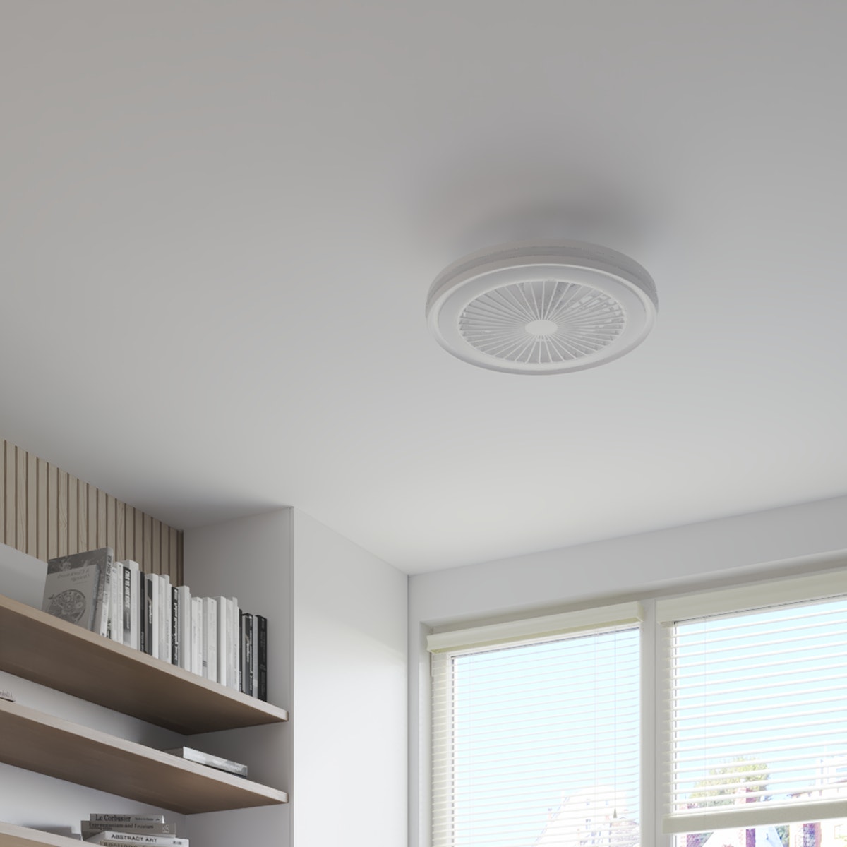 Alizé — Ventilateur blanc installé au plafond, vue rapprochée dans une chambre.