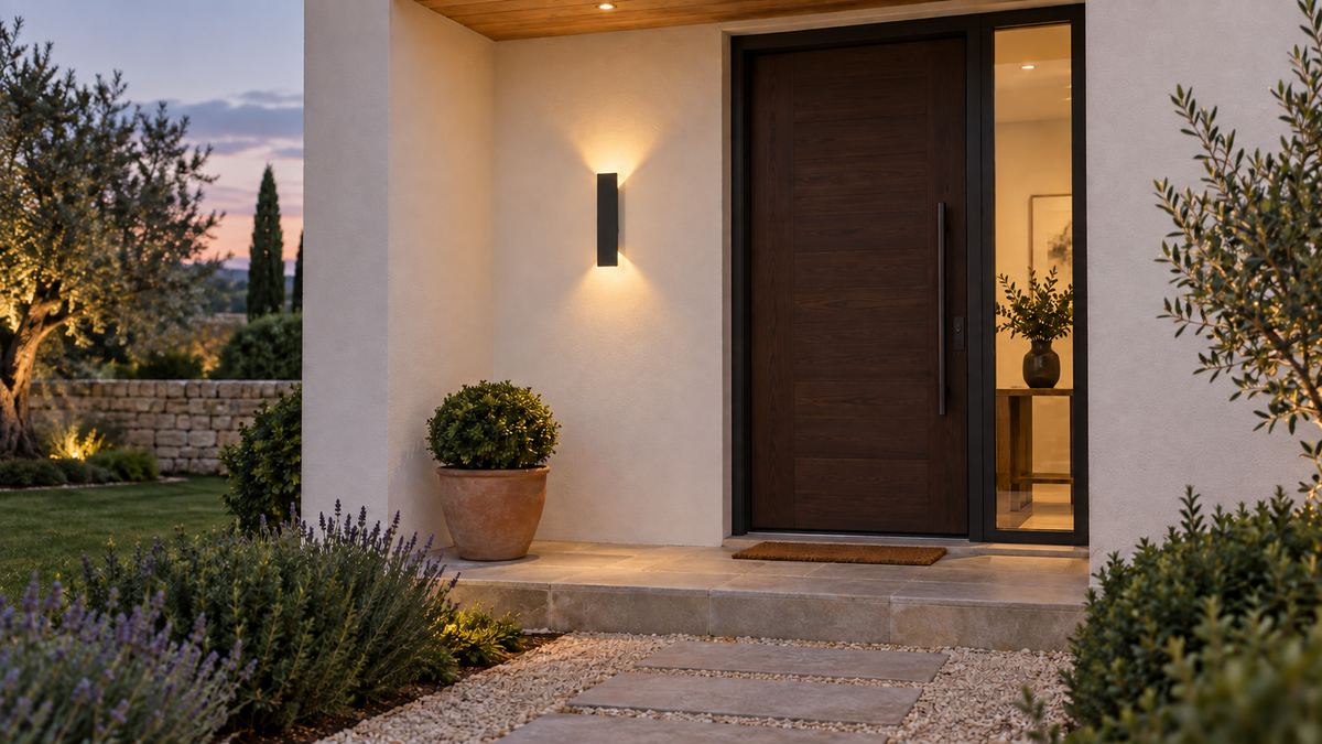 Applique Murale LED Extérieure IP65  Haut / Bas — Entrée — Mise en scène illustrative · Noir, blanc chaud · Format 40 cm