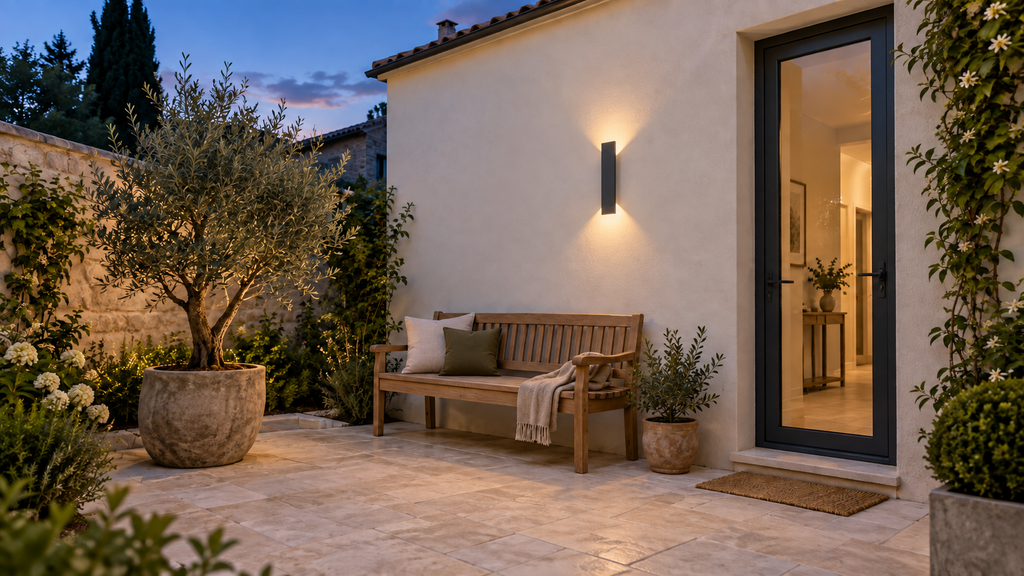 Applique Murale LED Extérieure IP65  Haut / Bas — Cour — Mise en scène illustrative · Noir, blanc chaud · Format 40 cm