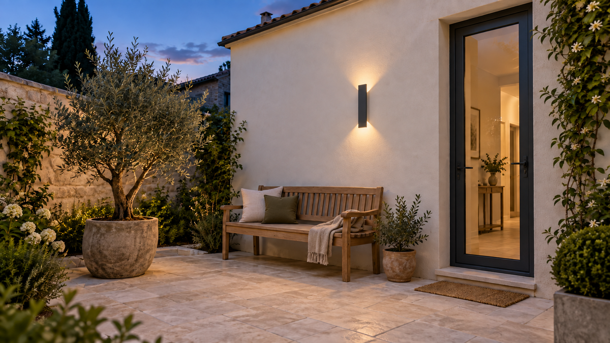 Applique Murale LED Extérieure IP65  Haut / Bas — Cour — Mise en scène illustrative · Noir, blanc chaud · Format 40 cm