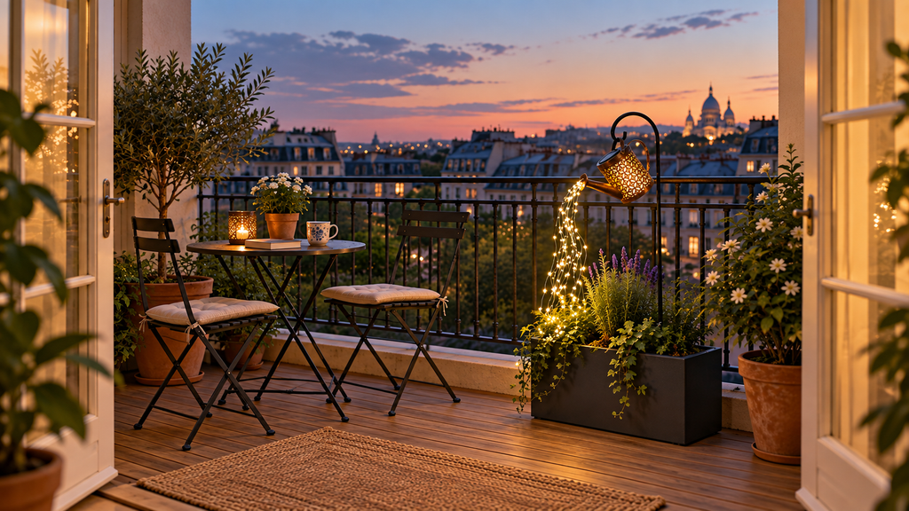 Arrosoir Lumineux Solaire — Balcon — Mise en scène illustrative · Avec canne