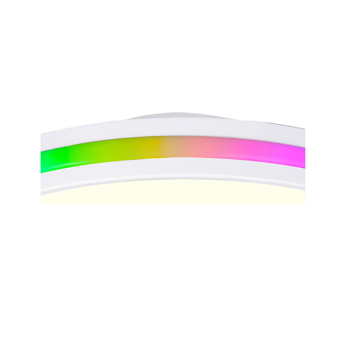 Briselle — détail de la bande lumineuse périphérique multicolore du ventilateur blanc.