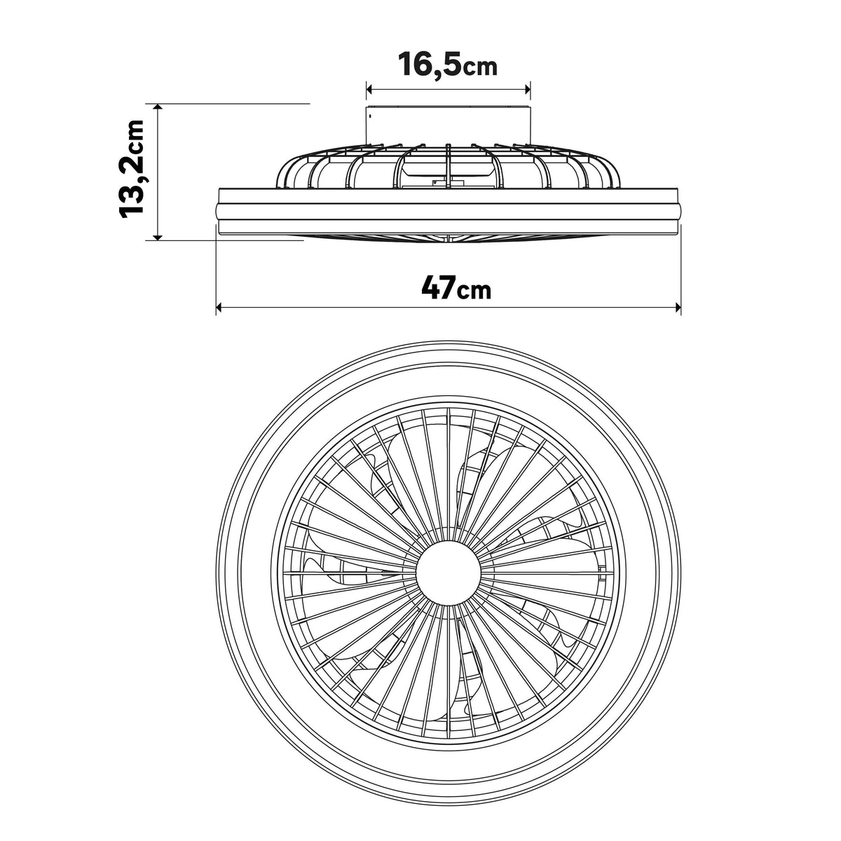 Briselle — schéma du ventilateur blanc : diamètre 47 cm, hauteur 13,2 cm et platine de 16,5 cm.