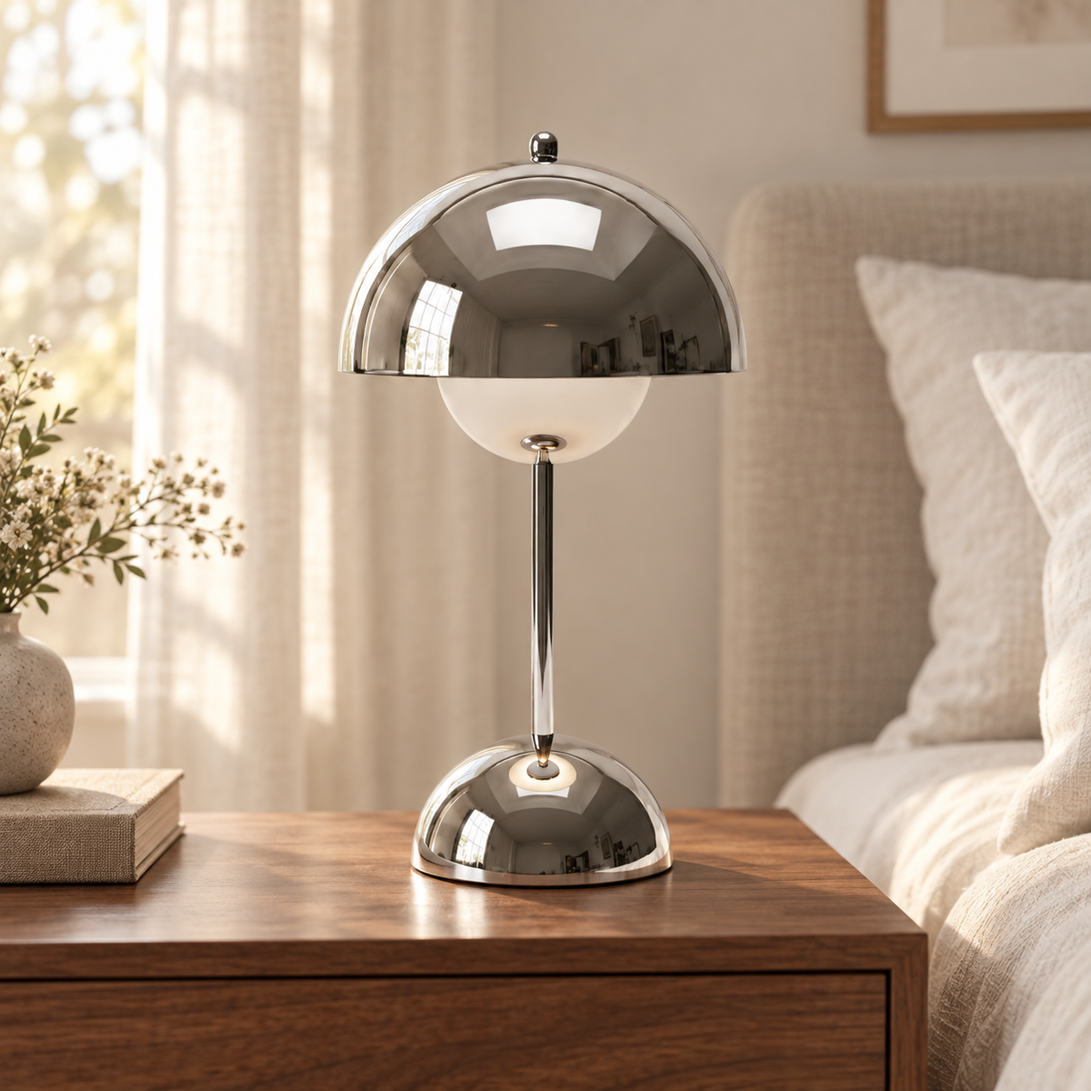 Lampe champignon rechargeable — Argent — mise en scène générée : chambre