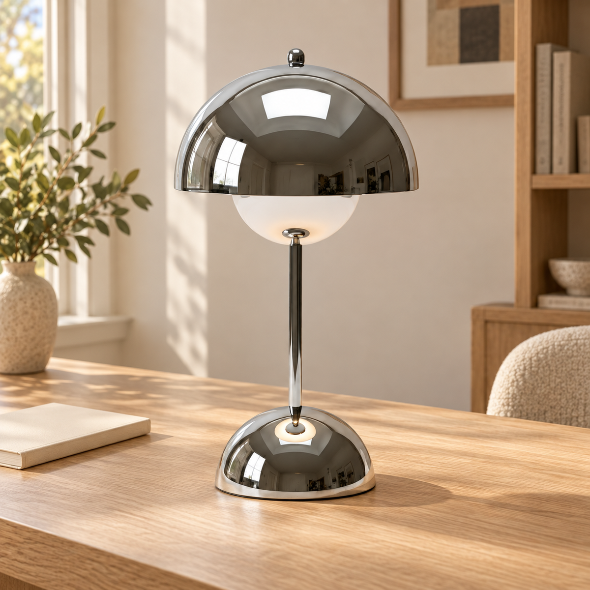Lampe champignon rechargeable — Argent — mise en scène générée : bureau