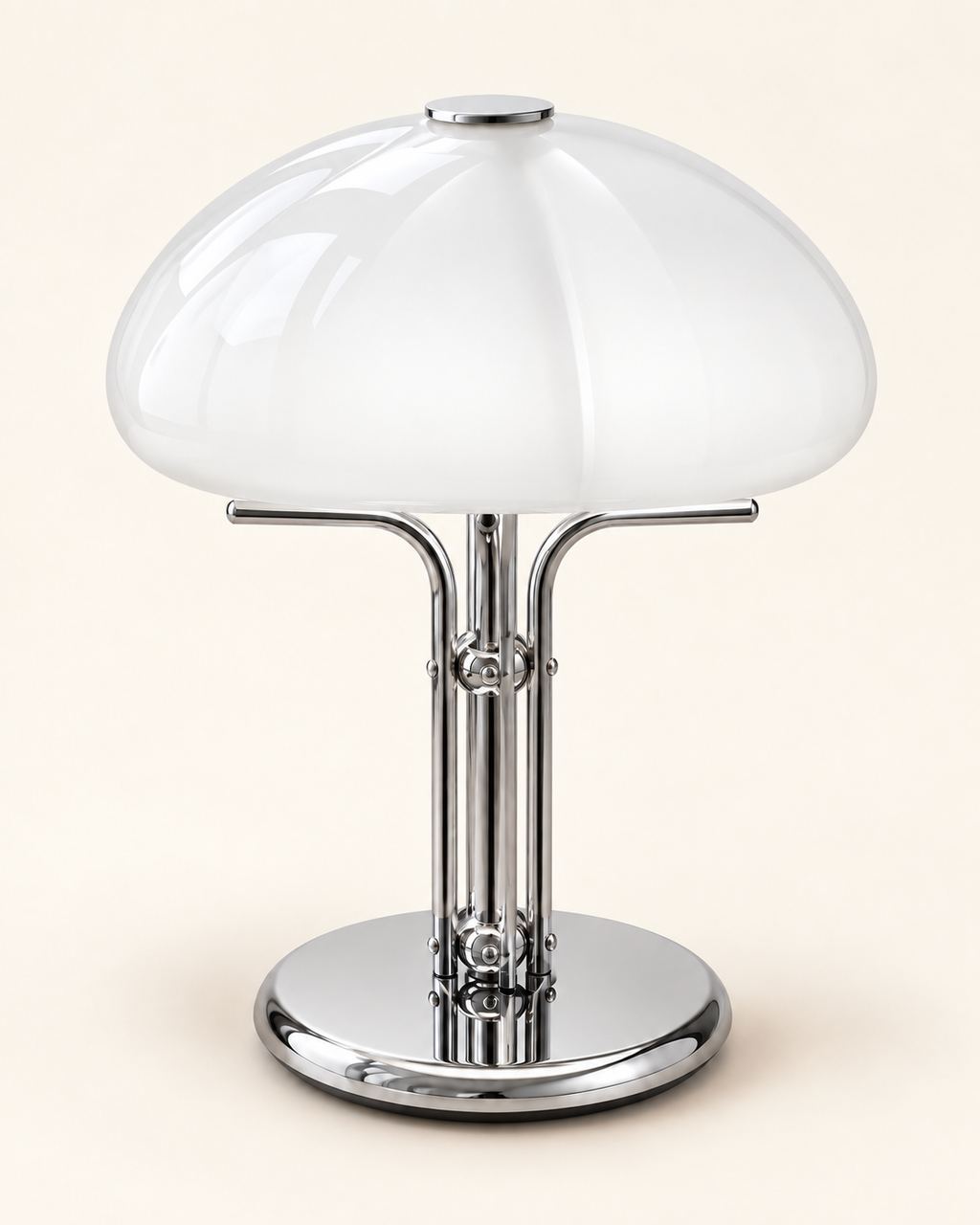 Lampe de table champignon blanche et chrome — visuel illustratif retouché