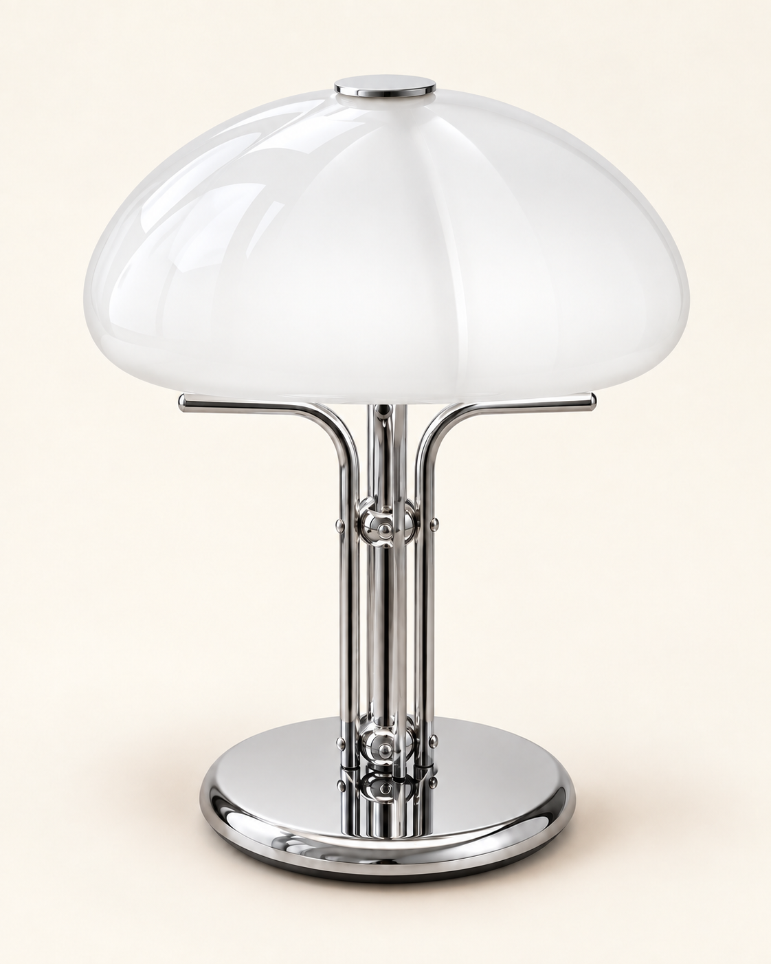 Lampe de table champignon blanche et chrome — visuel illustratif retouché