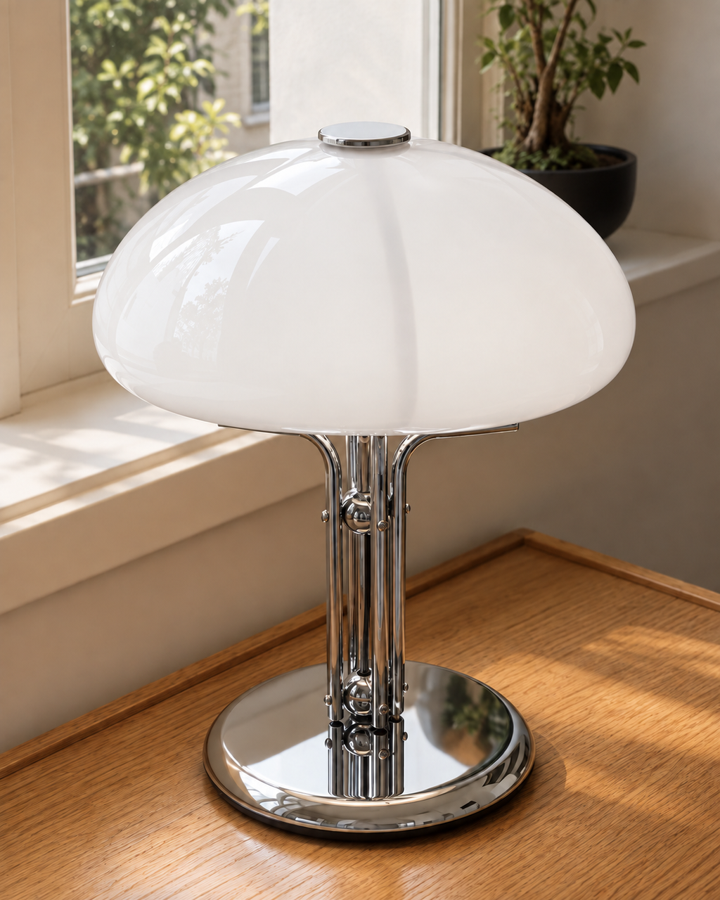 Lampe de table champignon blanche et chrome — visuel illustratif retouché