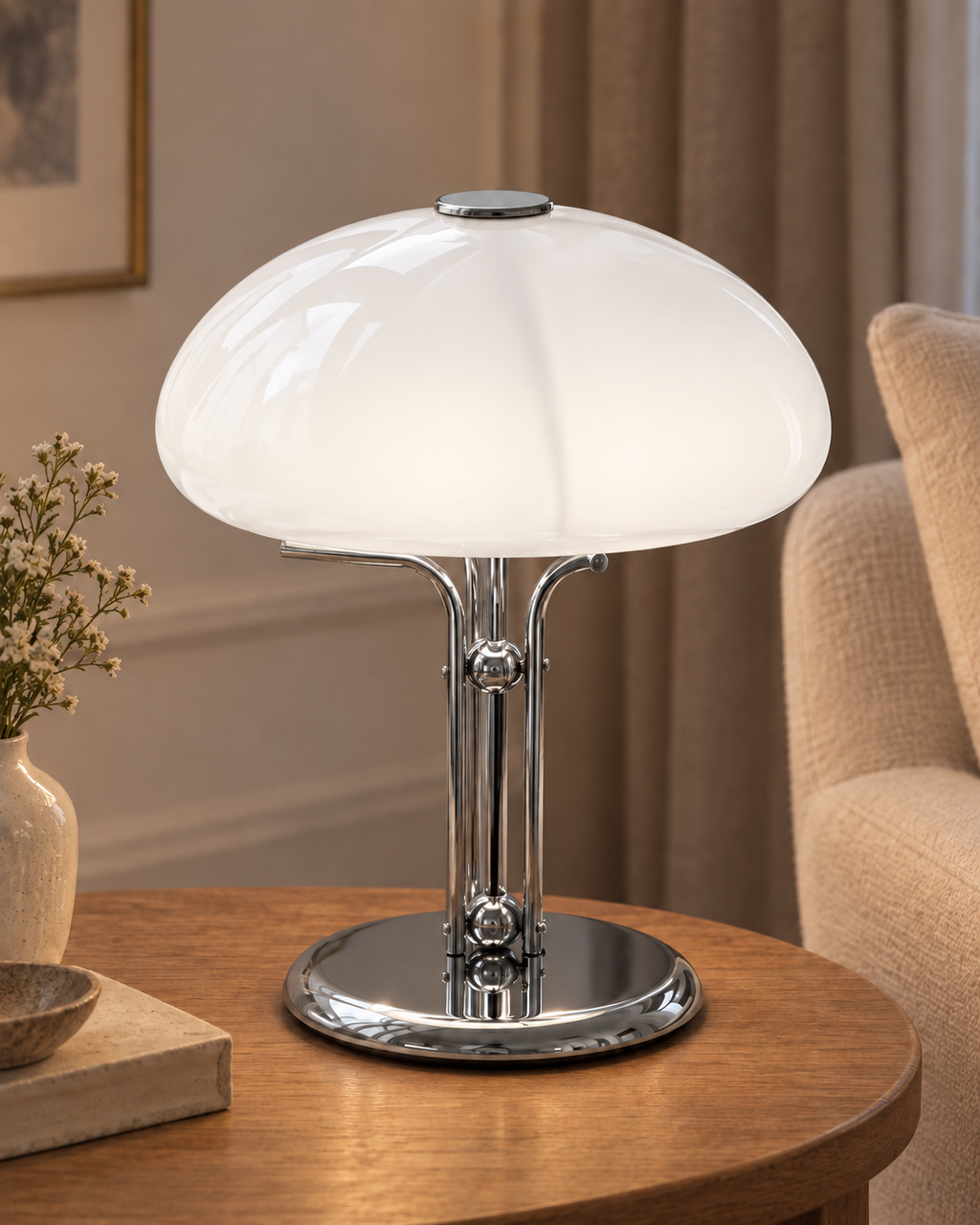 Lampe de table champignon blanche et chrome — visuel illustratif retouché
