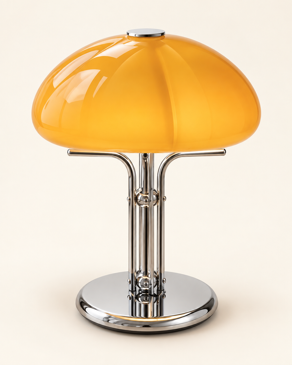 Lampe de table champignon orange et chrome — vue studio