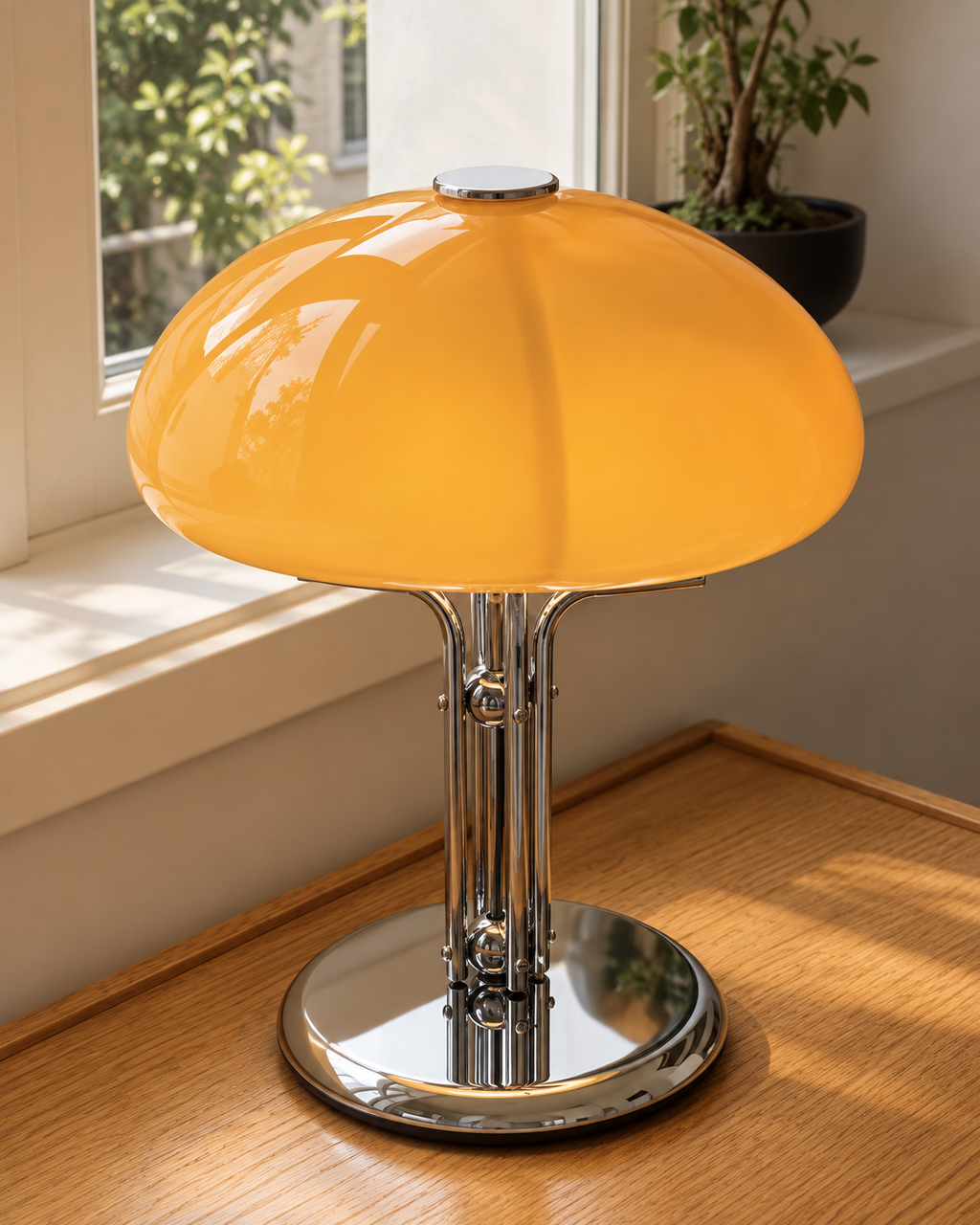 Lampe de table champignon orange et chrome — mise en scène illustrative
