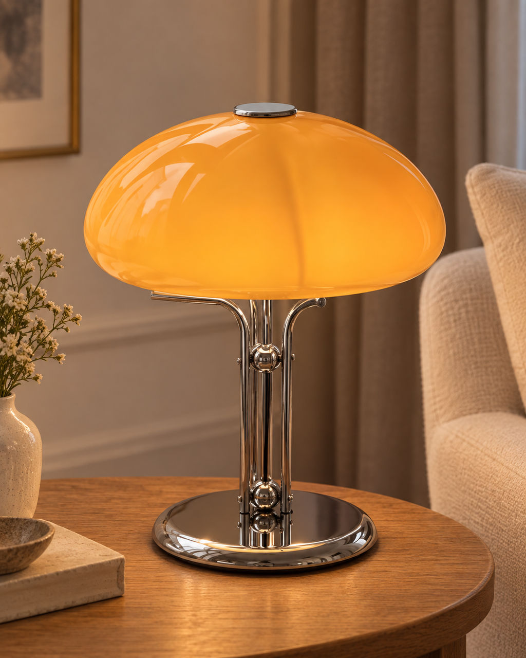 Lampe de table champignon orange et chrome — mise en scène illustrative