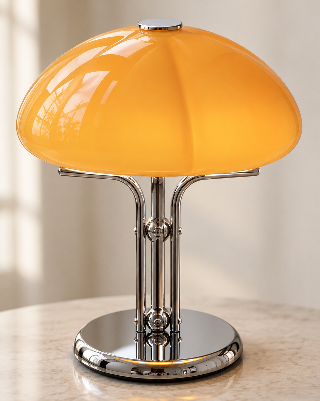 Lampe de table champignon orange et chrome — mise en scène illustrative
