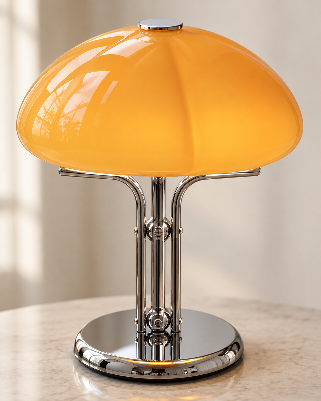 Lampe de table champignon orange et chrome — mise en scène illustrative