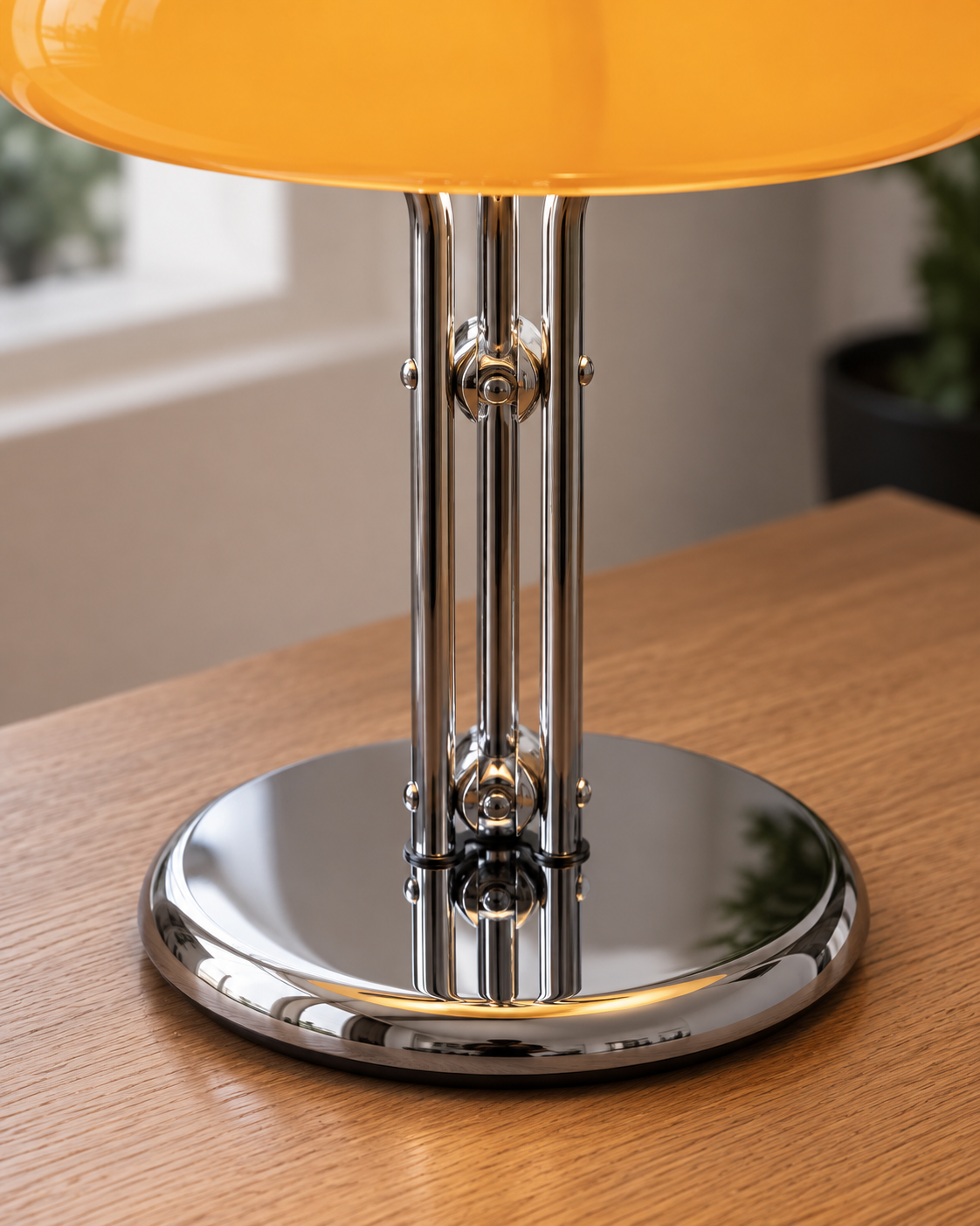 Lampe de table champignon orange et chrome — mise en scène illustrative