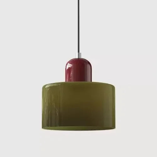 Suspension cylindrique — Vert olive / Bordeaux.