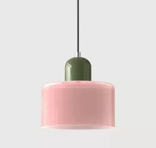 Suspension cylindrique — Rose / Vert olive.