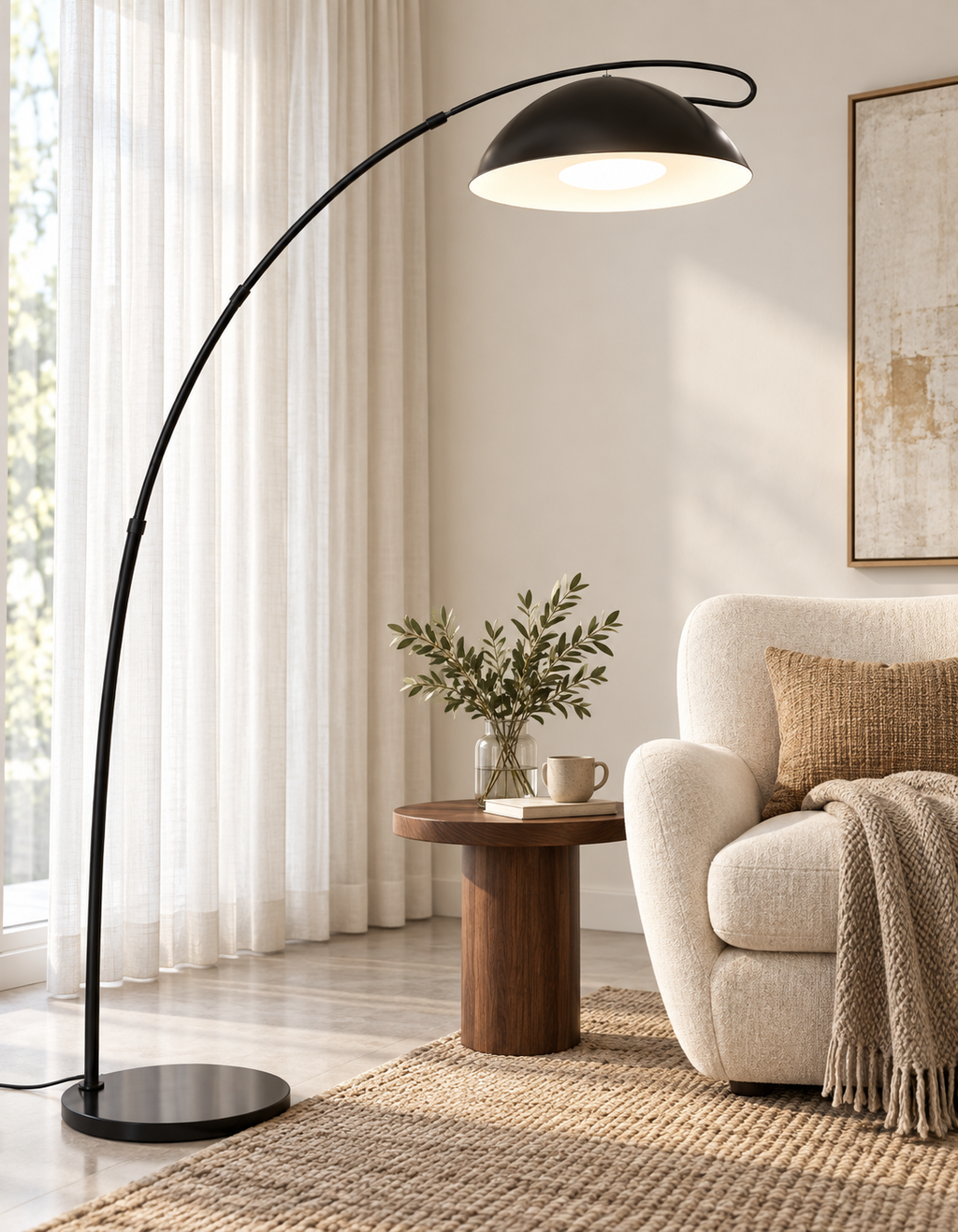 Lampe à arc dôme noir et blanc — coin lecture en lin — visuel amélioré à partir des photos du fournisseur
