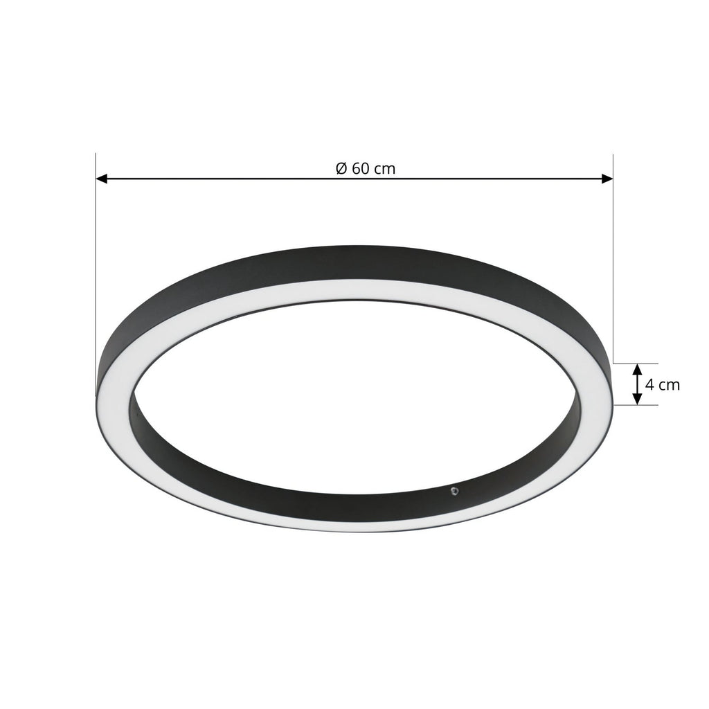 Plafonnier LED Lucande Neor, noir, Ø 60 cm, CCT, à intensité variable — dimensions du modèle — photo fabricant