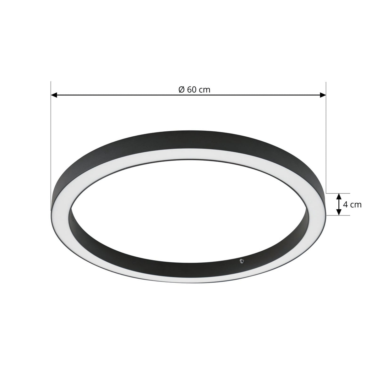 Plafonnier LED Lucande Neor, noir, Ø 60 cm, CCT, à intensité variable — dimensions du modèle — photo fabricant