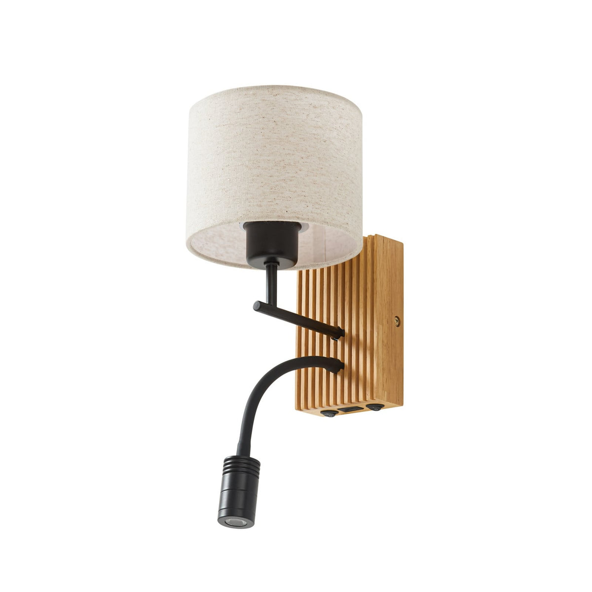 Applique murale Lucande Lieske, beige, tissu, E27, lampe de lecture LED — vue de trois quarts — photo fabricant