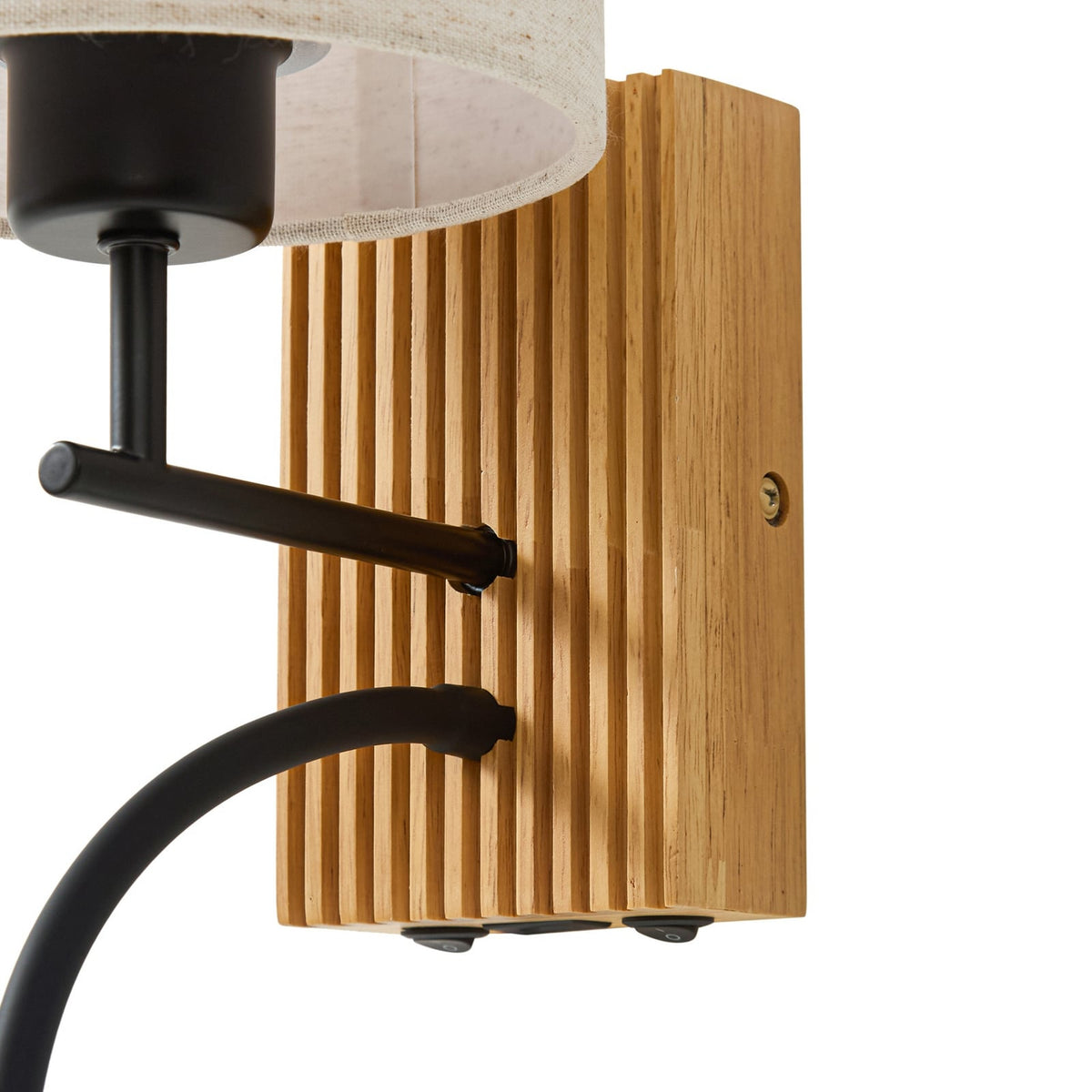 Applique murale Lucande Lieske, beige, tissu, E27, lampe de lecture LED — profil du support en bois — photo fabricant