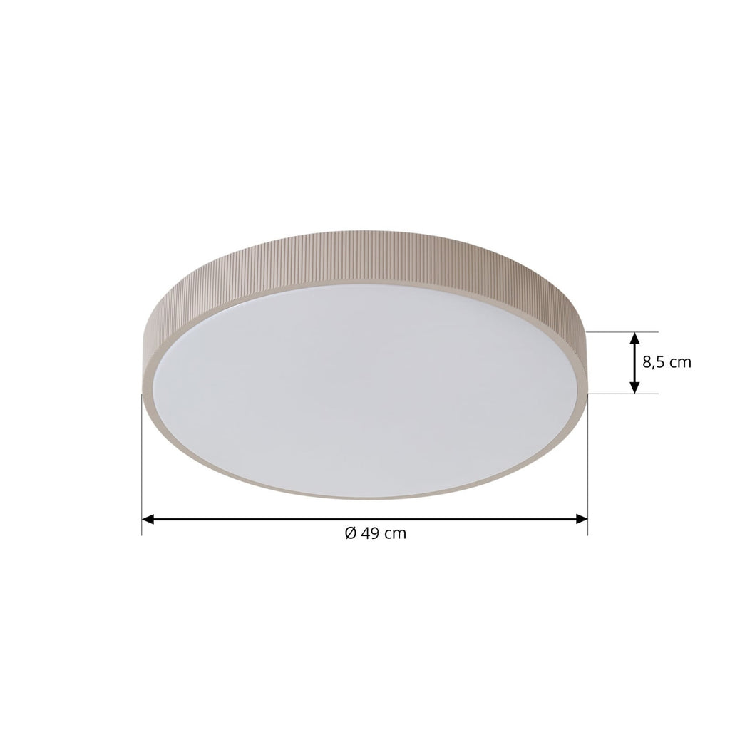 Plafonnier LED Lindby Zylo, taupe, Ø 49 cm, CCT à intensité variable — dimensions du modèle — photo fabricant