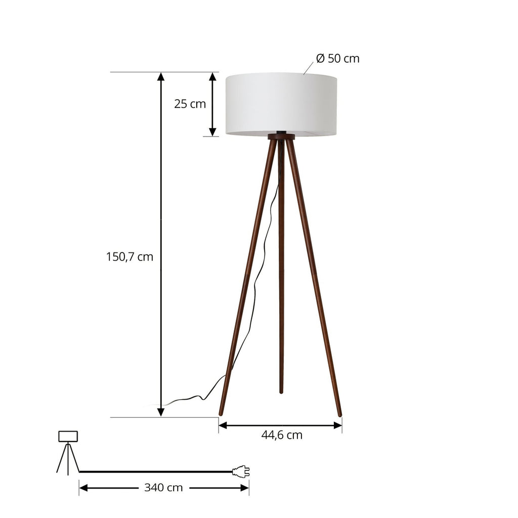 Lindby lampe sur pied Charlia, blanc, bois de noyer, hauteur 150 cm — dimensions du modèle — photo fabricant