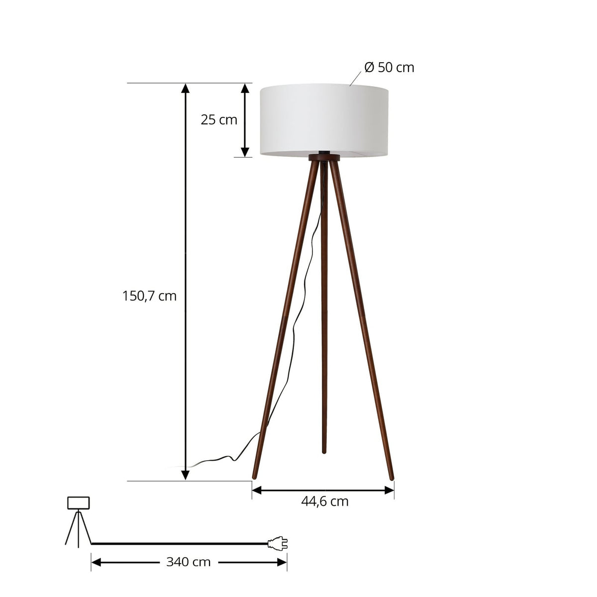 Lindby lampe sur pied Charlia, blanc, bois de noyer, hauteur 150 cm — dimensions du modèle — photo fabricant