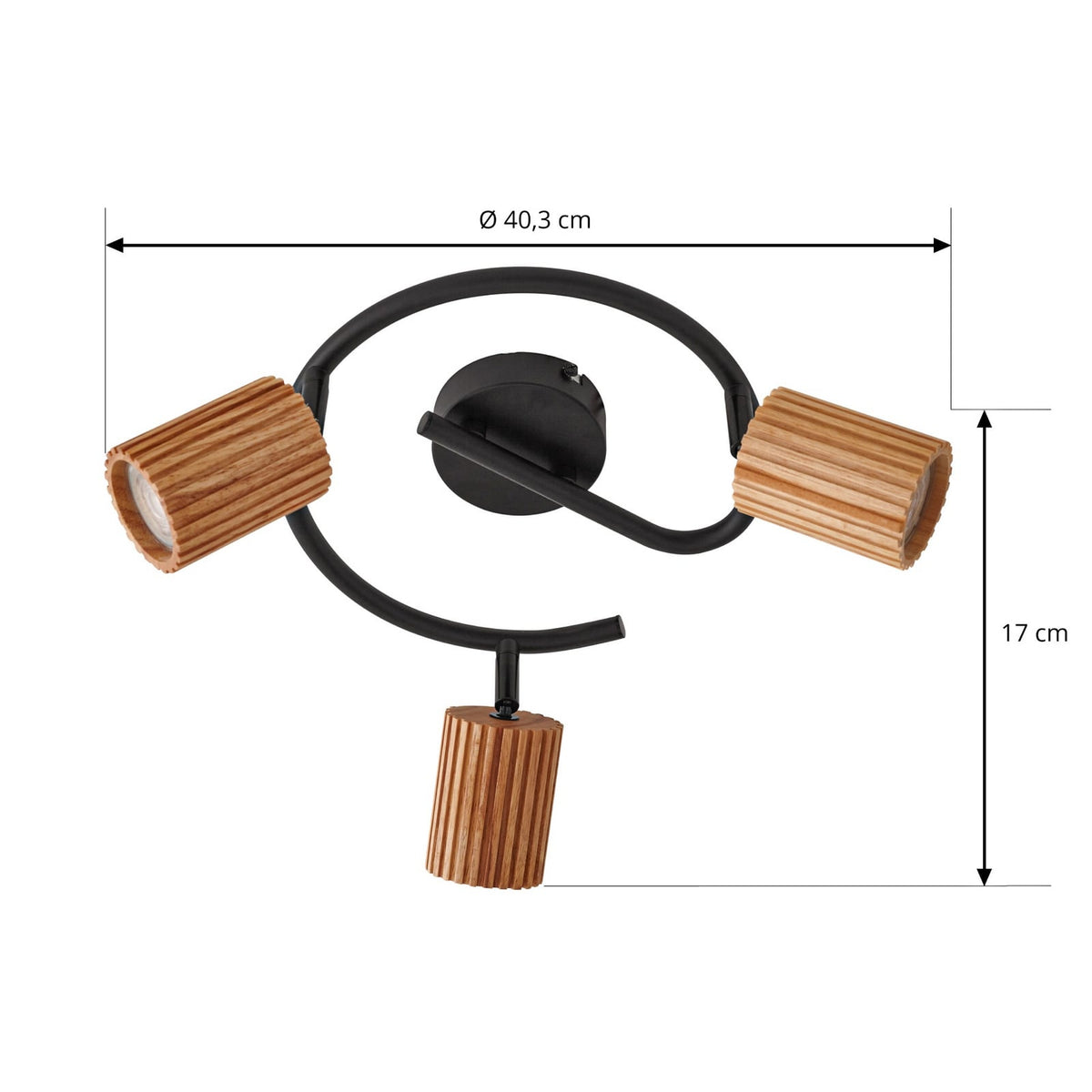 Spot pour plafond Lindby Stralino, à 3 lampes, Ø31cm, bois, GU10 — dimensions du modèle — photo fabricant