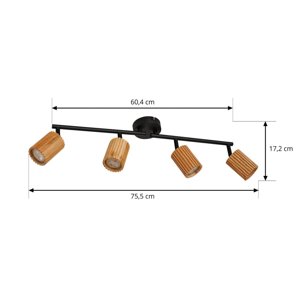 Spot pour plafond Lindby Stralino, à 4 lampes, longueur 60 cm, bois — dimensions du modèle — photo fabricant