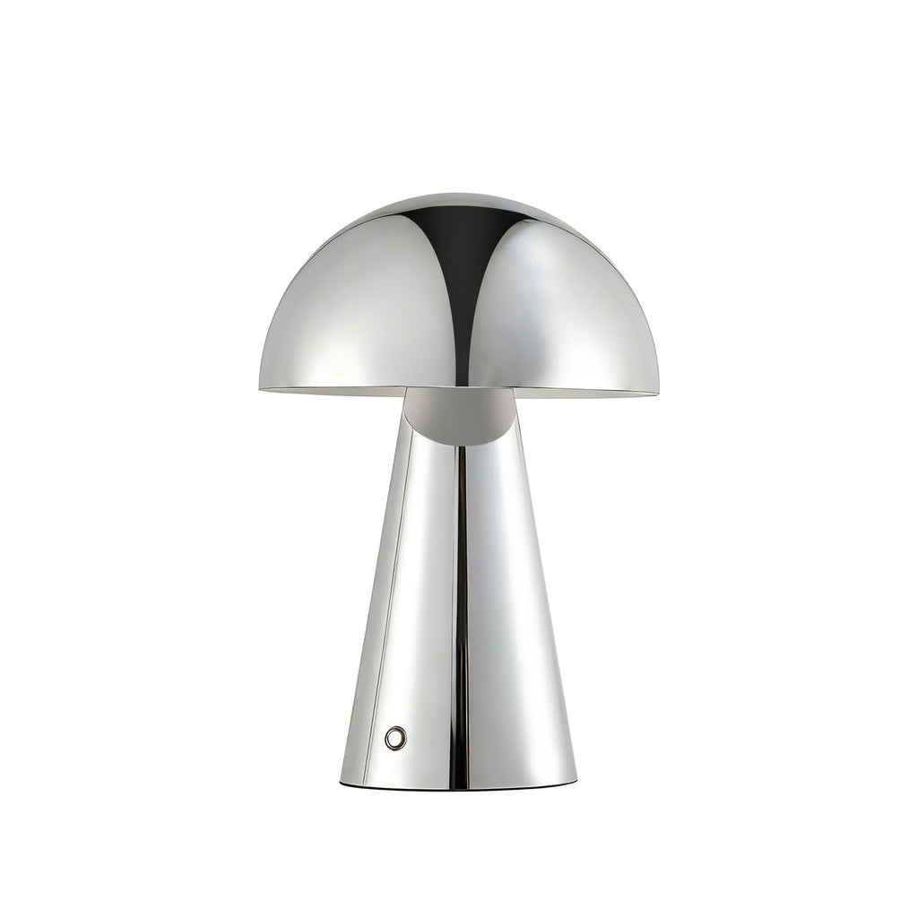 Lampe de table LED rechargeable Lindby Nevijo, chrome, Ø 20 cm, USB, variateur — vue de face éteinte — photo fabricant