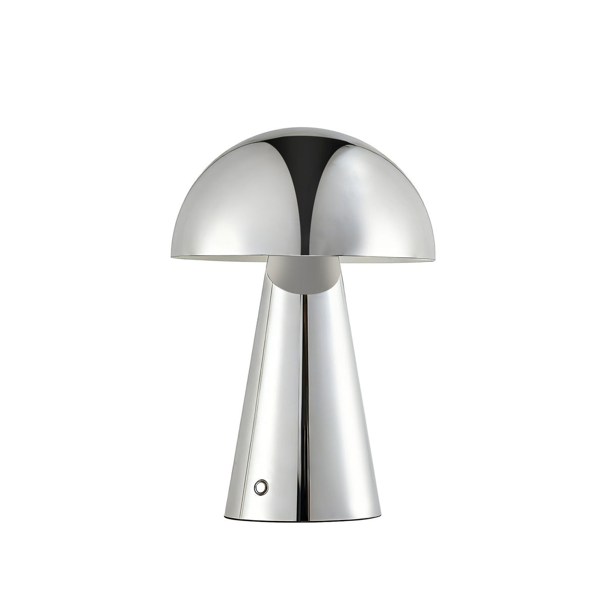 Lampe de table LED rechargeable Lindby Nevijo, chrome, Ø 20 cm, USB, variateur — vue de face éteinte — photo fabricant