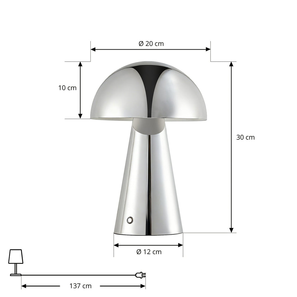 Lampe de table LED rechargeable Lindby Nevijo, chrome, Ø 20 cm, USB, variateur — dimensions du modèle — photo fabricant