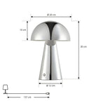 Lampe de table LED rechargeable Lindby Nevijo, chrome, Ø 20 cm, USB, variateur — dimensions du modèle — photo fabricant