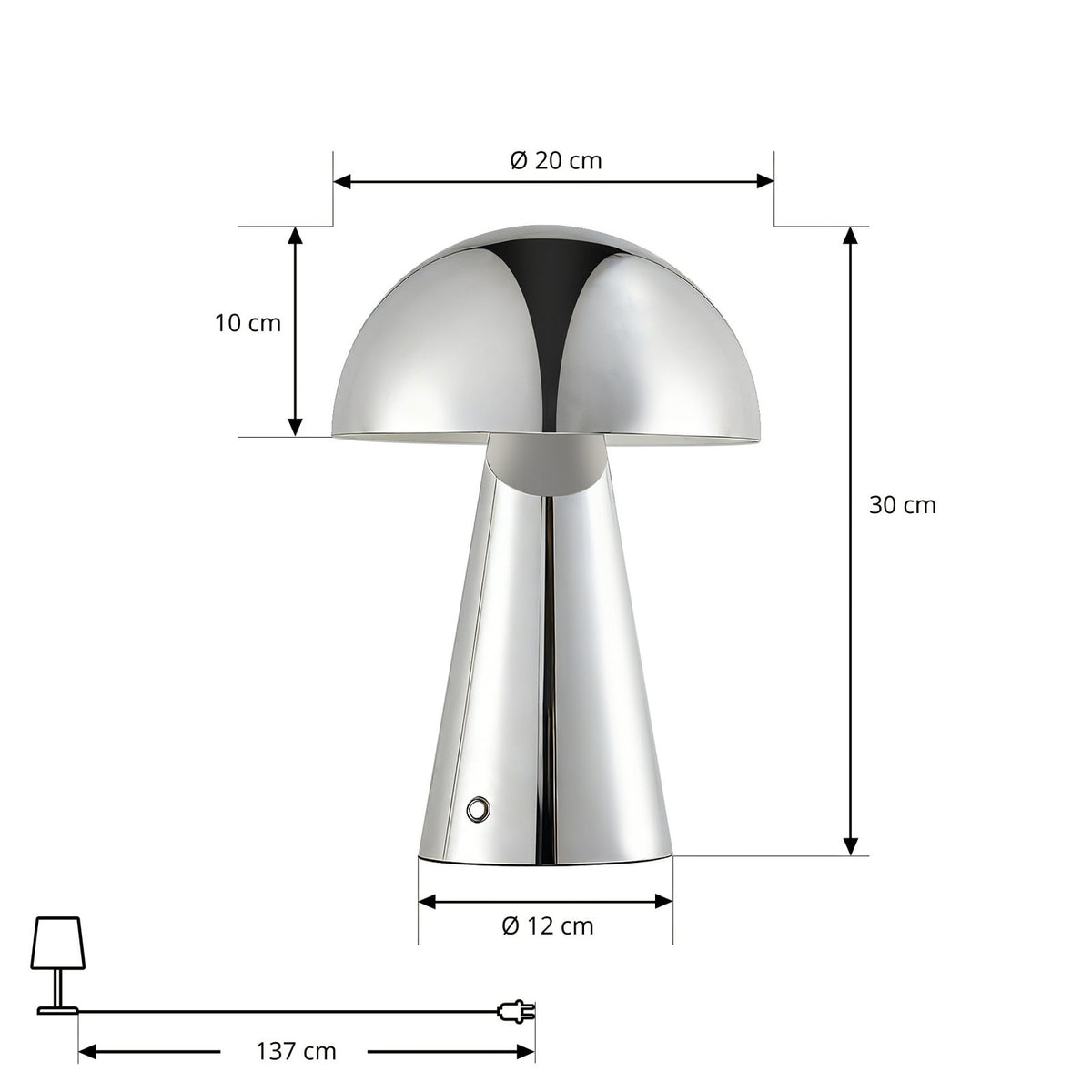 Lampe de table LED rechargeable Lindby Nevijo, chrome, Ø 20 cm, USB, variateur — dimensions du modèle — photo fabricant
