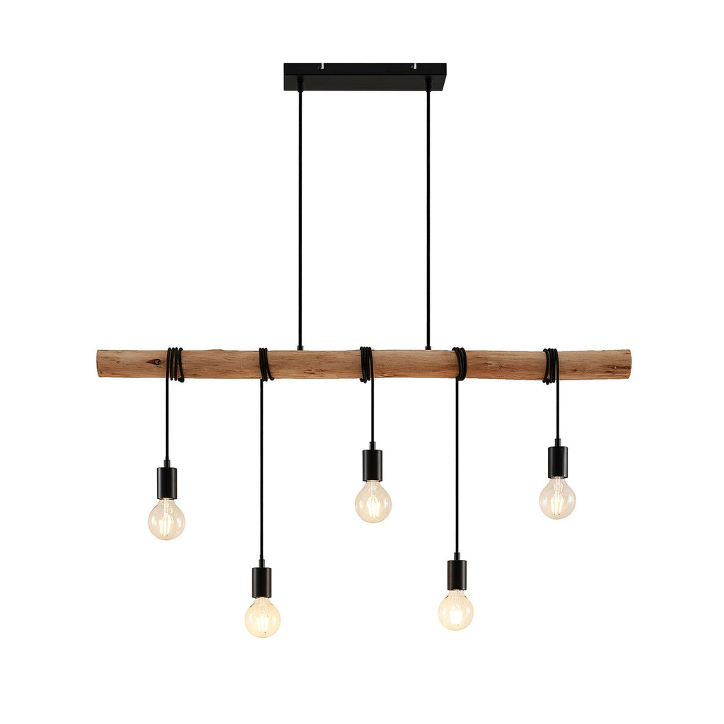 Lindby suspension Rome, 5 lampes, bois, corde, noir, 116 cm — vue générale de face — photo fabricant
