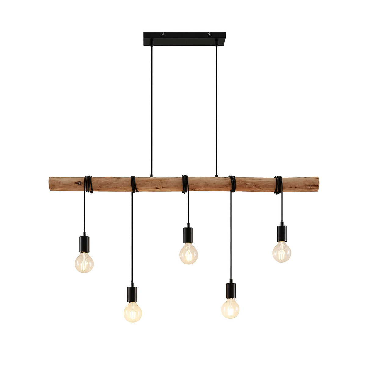 Lindby suspension Rome, 5 lampes, bois, corde, noir, 116 cm — vue générale de face — photo fabricant