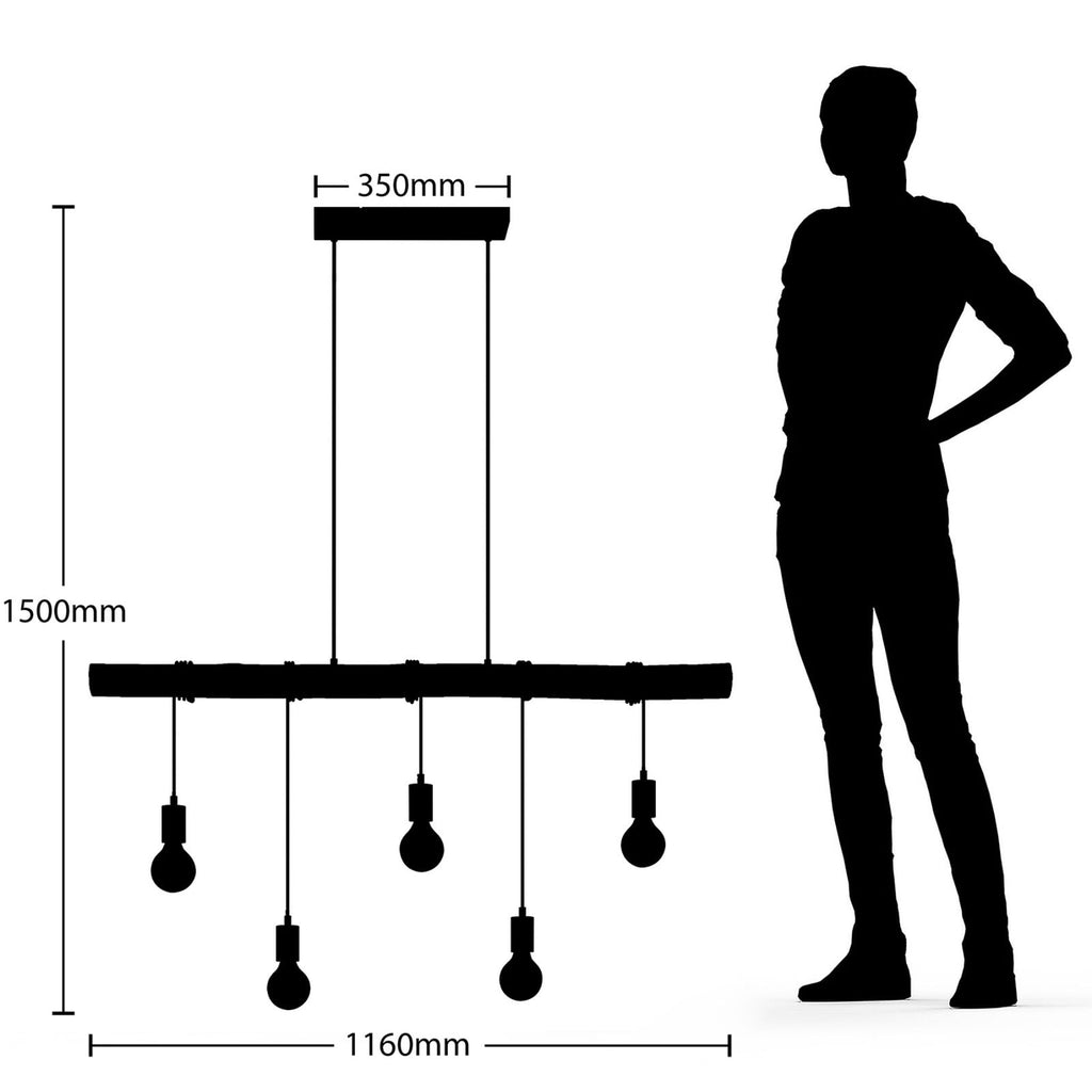 Lindby suspension Rome, 5 lampes, bois, corde, noir, 116 cm — dimensions du modèle — photo fabricant