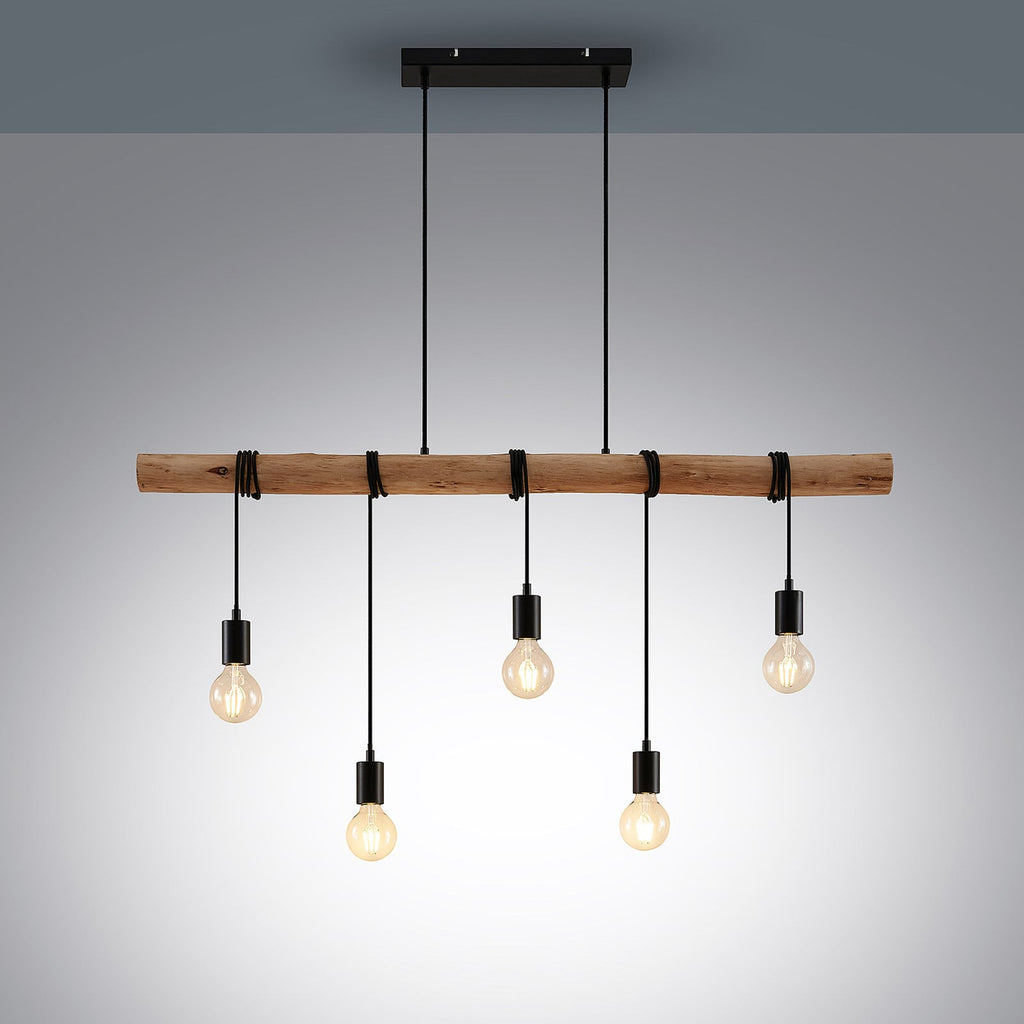 Lindby suspension Rome, 5 lampes, bois, corde, noir, 116 cm — vue de face allumée — photo fabricant