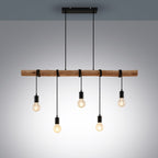 Lindby suspension Rome, 5 lampes, bois, corde, noir, 116 cm — vue de face allumée — photo fabricant